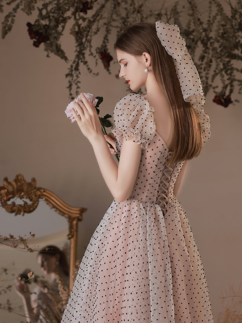 A Line Polka Dot Tulle Tea Length Pink Prom Dresses, Puff Sleeves
