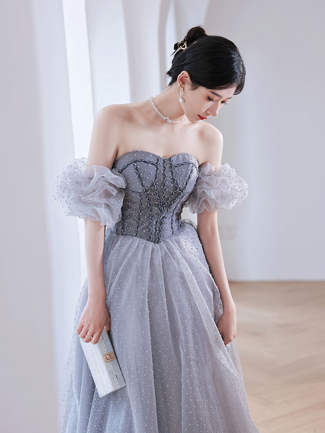 Gray Aline Tulle Gray Long Prom Dresses, Aline Gray Tulle Formal Evening Dresses