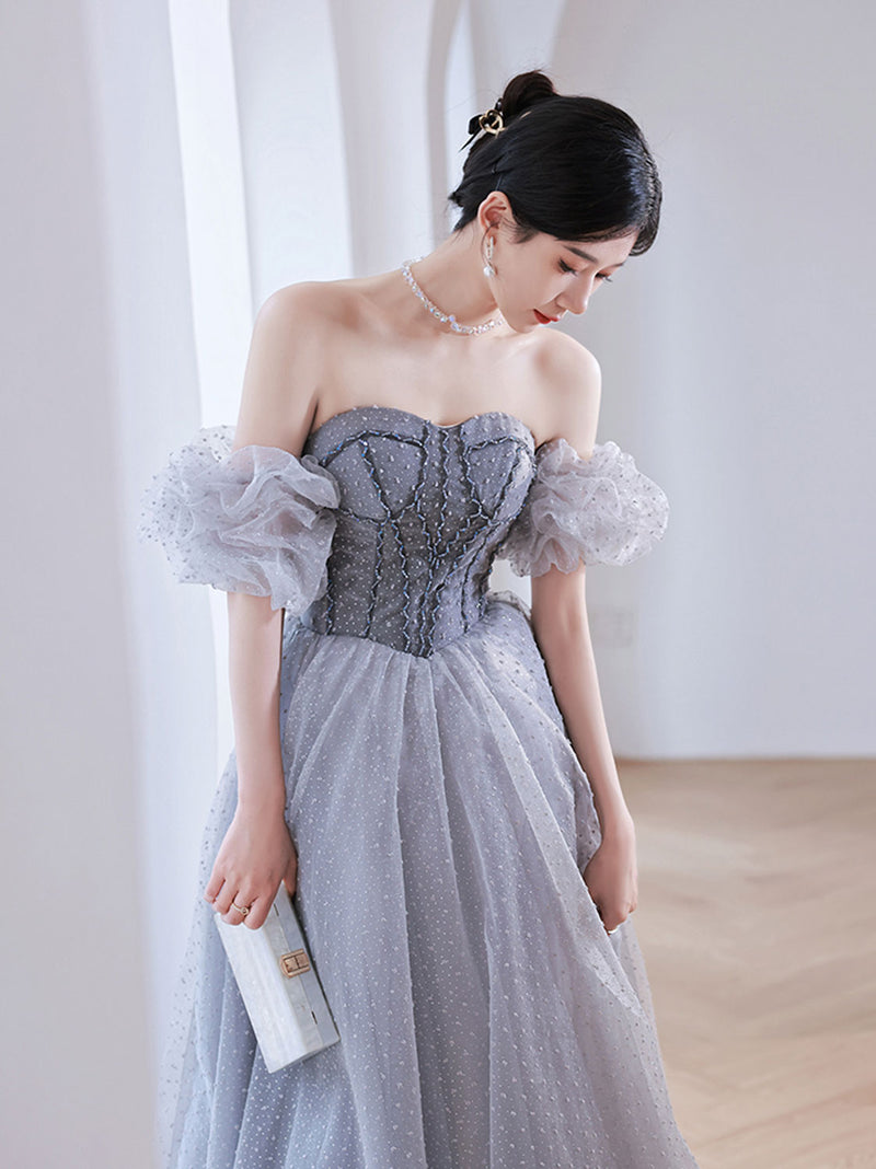 Gray Aline Tulle Gray Long Prom Dresses, Aline Gray Tulle Formal Eveni shopluu Gray Aline Tulle Gray Long Prom Dresses, Aline Gray Tulle Formal Eveni shopluu