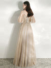 Champagne A Line Tulle lace long Prom Dress, Champagne Graduation Dresses