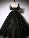 Black Scoop Neckline Long Prom Dress, Shiny Tulle Black Evening Dress