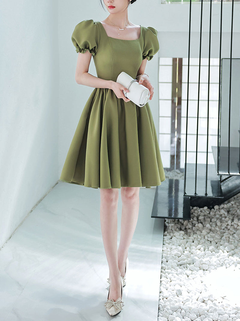 Simple Green Satin Short Prom Dress, Green Satin Bridesmaid Dress