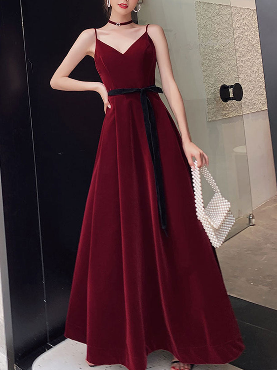 Simple Burgundy Velvet Long Prom Dresses, Burgundy Long Formal Graduat – shopluu