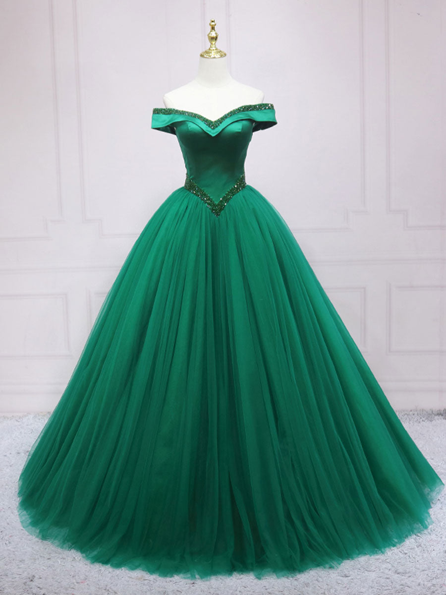 Green Tulle Off Shoulder Tulle Beads Long Prom Dress, Green Formal Graduation Dresses US 4 / Green