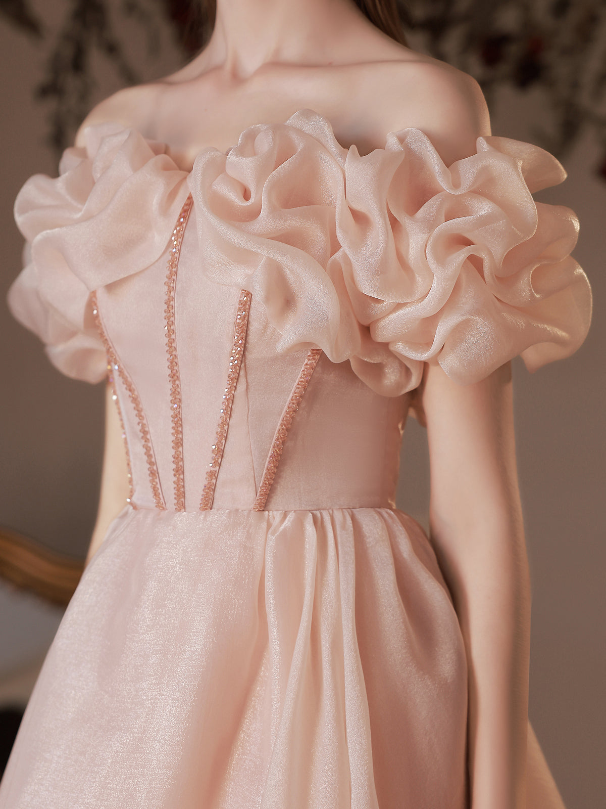 Pink Tulle Off Shoulder Tea Length Prom Dress Pink Tulle Homecoming Dress