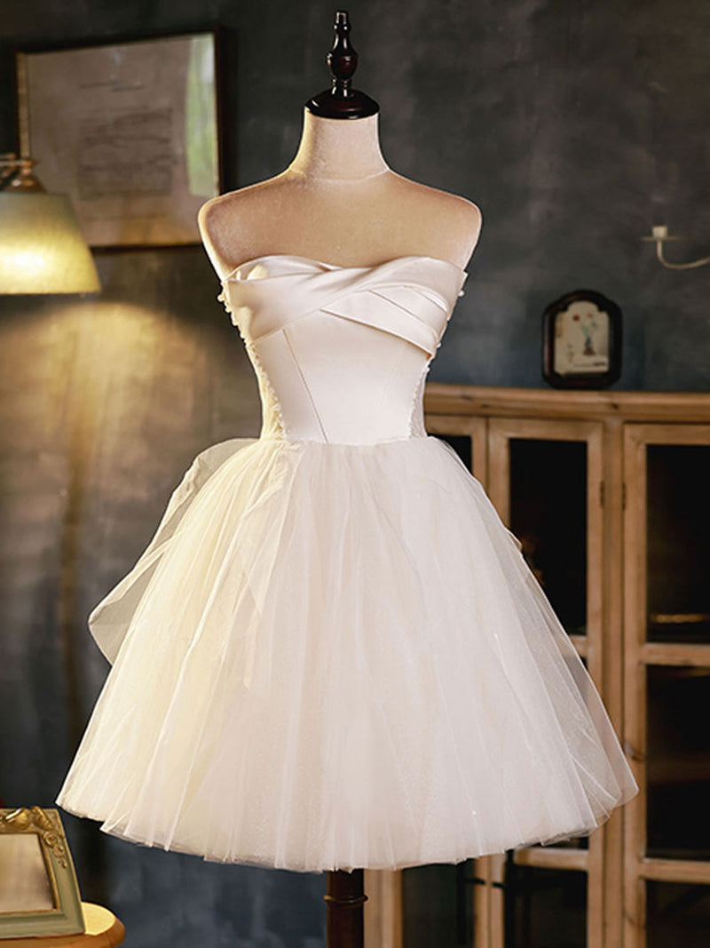 White Sweetheart Neck Tulle Short Prom Dress, Light Champagne Homecoming Dress