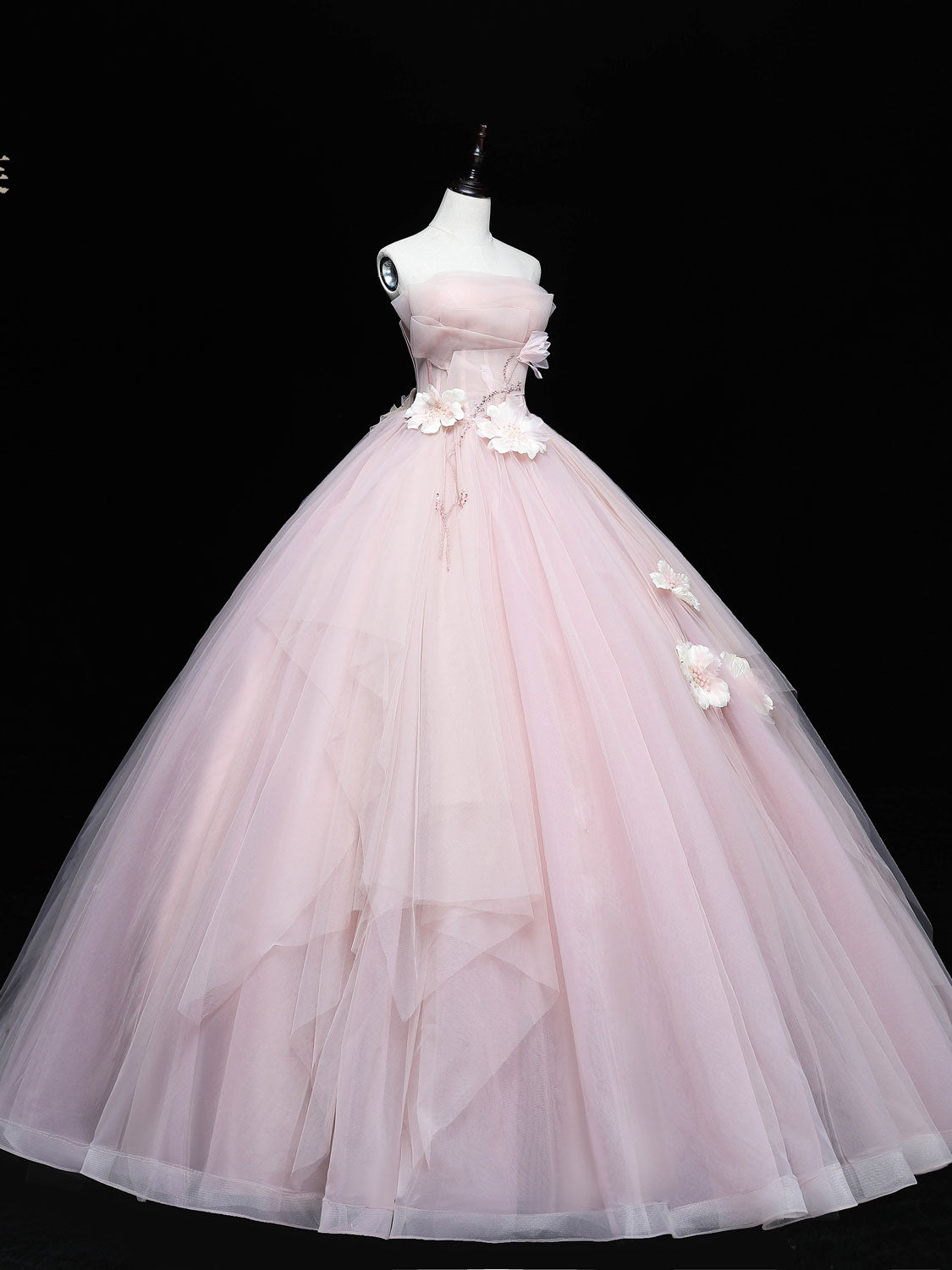 Pink Tulle Lace Applique Long Prom Dresses, Pink Sweet 16 Dresses