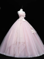 Pink Tulle Lace Applique Long Prom Dresses, Pink Sweet 16 Dresses
