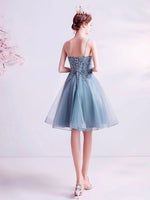 Gray V Neck Tulle Lace Blue Short Prom Dress Puffy Blue Homecoming Dress