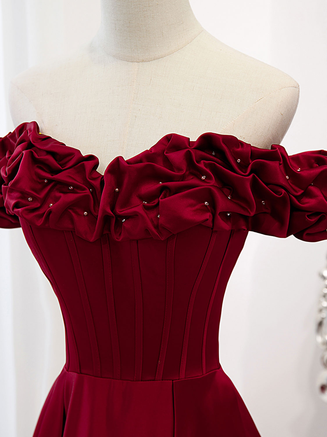 A-Line Off Shoulder Satin Burgundy Long Prom Dress