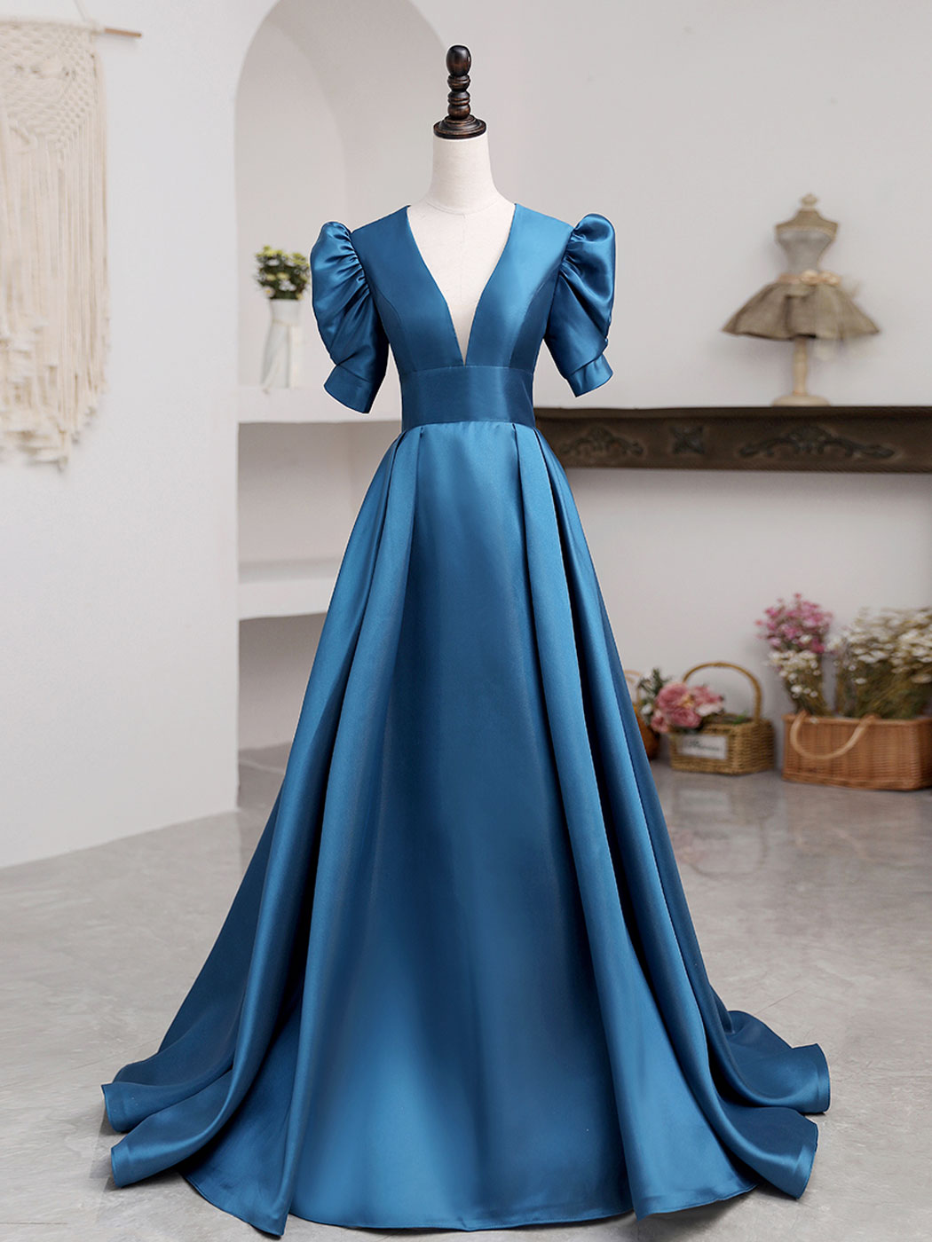 A-Line V Neck Satin Long Prom Dresses, Blue Satin Long A-Line V Neck Satin Long Prom Dresses, Blue Satin Long