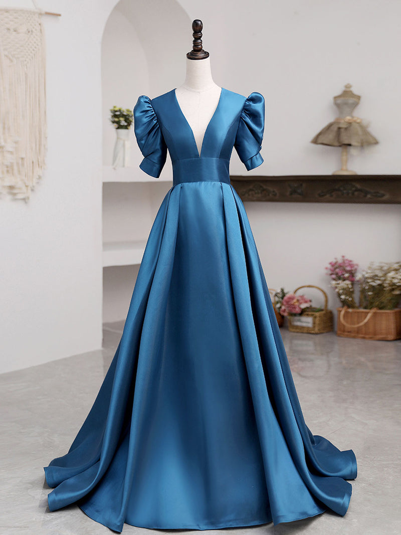A-Line V Neck Satin Long Prom Dresses, Blue Satin Long Evening Dress