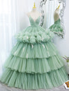 Green V Neck Tulle Long Prom Dresses,  Ball Gown Green Sweet 16 Dresses