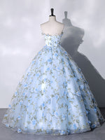 Blue Tulle Lace Long Prom Dresses, Ball Gown Blue Sweet 16 Dresses