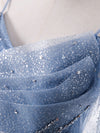 Elegant  A line Tulle Sequin Blue Long Prom Dress, Tulle Blue Formal Evening Dress
