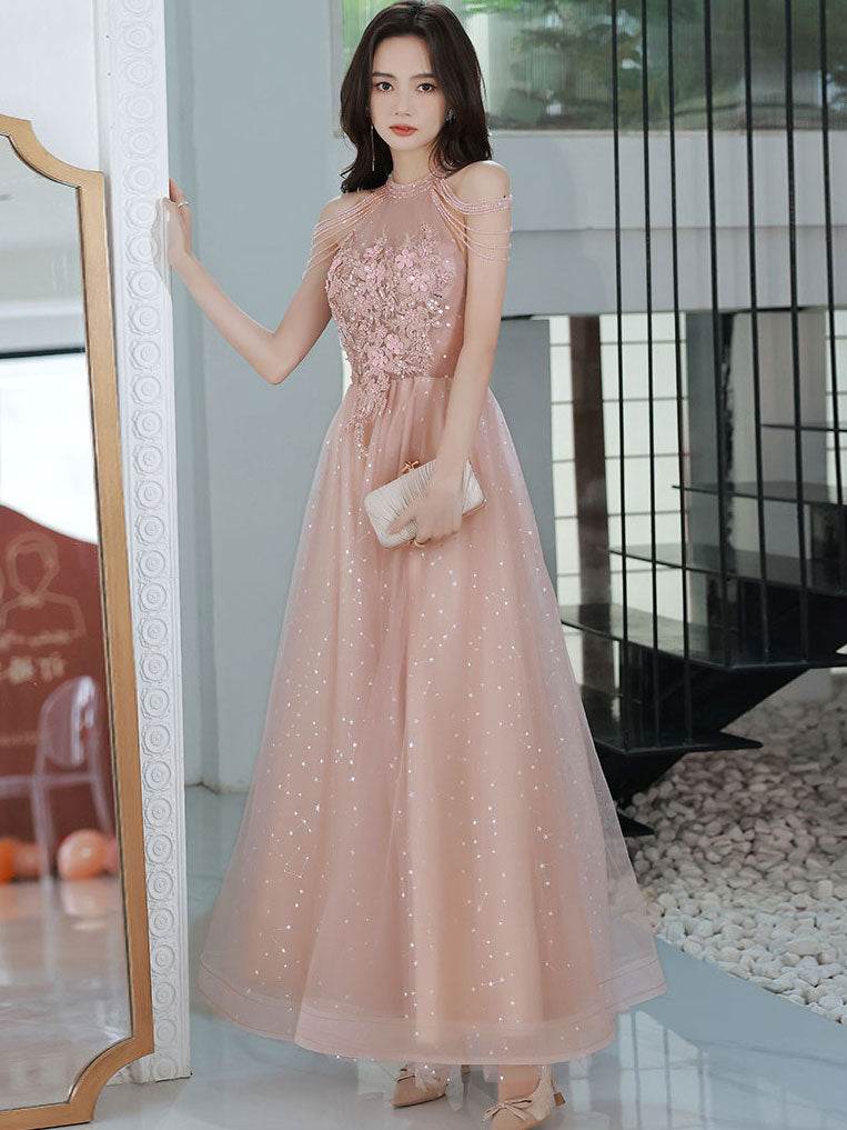 Unique Pink Tulle Lace Tea Length Prom Dress, Pink Tulle Formal Dresse –  shopluu