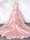 Pink Sweep Train Satin Long Prom Dress, Pink Formal Evening Dresses