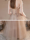 A Line Champagne Long Prom Dresses, Champagne Formal Graduation Dress With Beading sequin