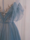 A-Line Scoop Neckline Tulle Gray Blue Long Prom Dress with Sequin-shopluu