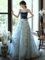 A line Blue Tulle/Velvet Long Prom Dress, Tulle Blue Graduation Dress With Beading Sequin