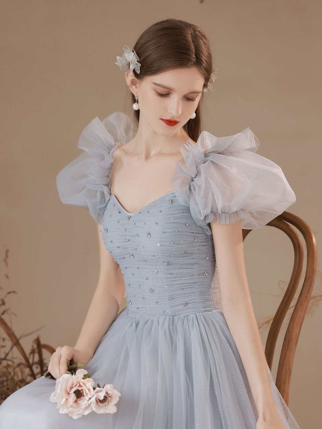 A-Line Sweetheart Neck Tulle Long Prom Dress