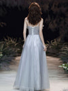 Gray A line Tulle Long Prom Dress, Gray Formal Graduation Dress with Lace Applique