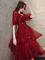 Burgundy High Low Tulle Lace Prom Dress, Burgundy Homecoming Dresses
