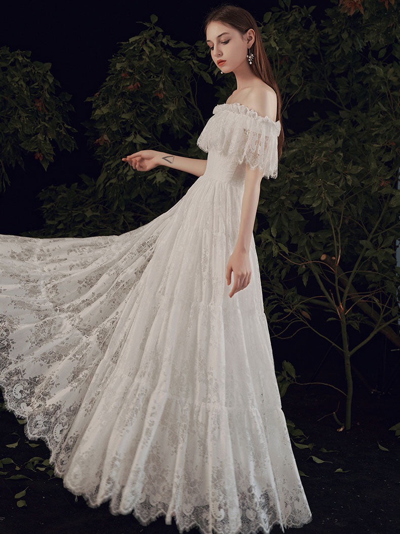 Simple ivory Lace Long Prom Dress, ivory Lace Bridesmaid Dresses