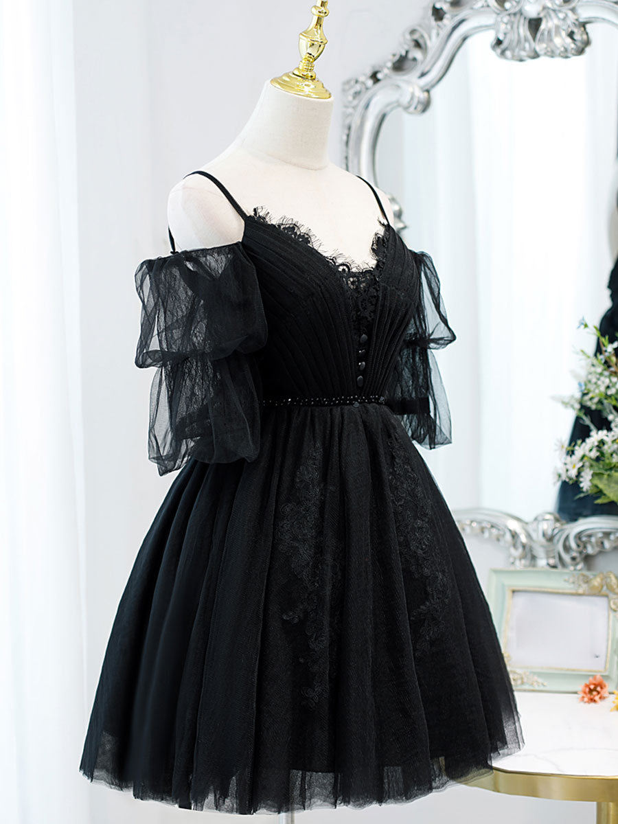 Black A line V Neck Lace Short/Mini Prom Dress, Black Puffy Homecoming
