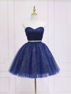 Dark Blue Sweetheart Neck Tulle Sequin Short Prom Dress Blue Puffy Homecoming Dress