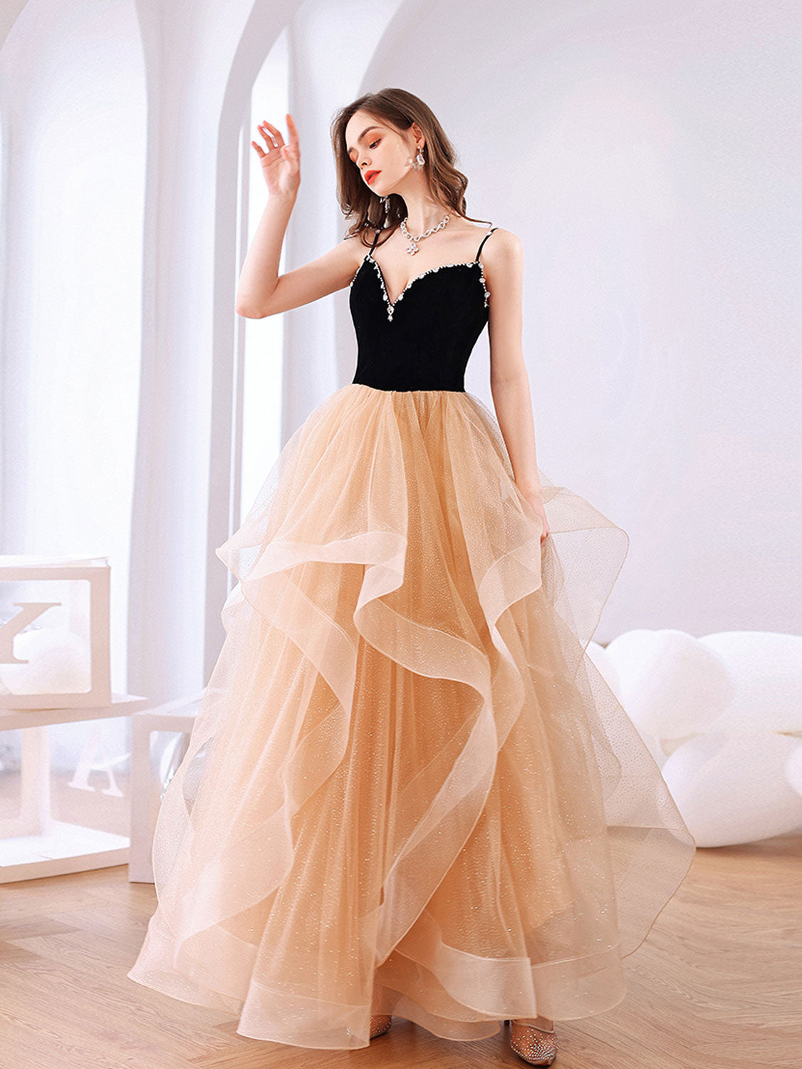 champagne dress outfit Strapless Two Pieces Champagne Prom Dresses with Slit, Two Pieces Cham Shiny Party