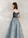A-Line Sequin Tulle Blue Long Prom Dresses, Tulle Formal Dress with Velvet