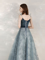 A-Line Sequin Tulle Blue Long Prom Dresses, Tulle Formal Dress with Velvet