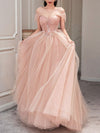 Pink Sweetheart Neck Tulle Long Prom Dress, Pink Sweet 16 Dress
