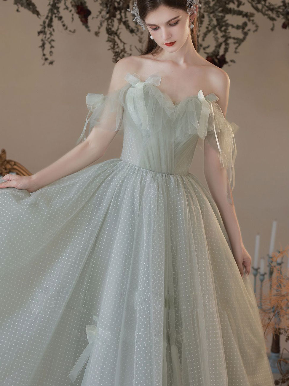 Green A Line Tulle Long Prom Dresses, Green Formal Graduation Dress