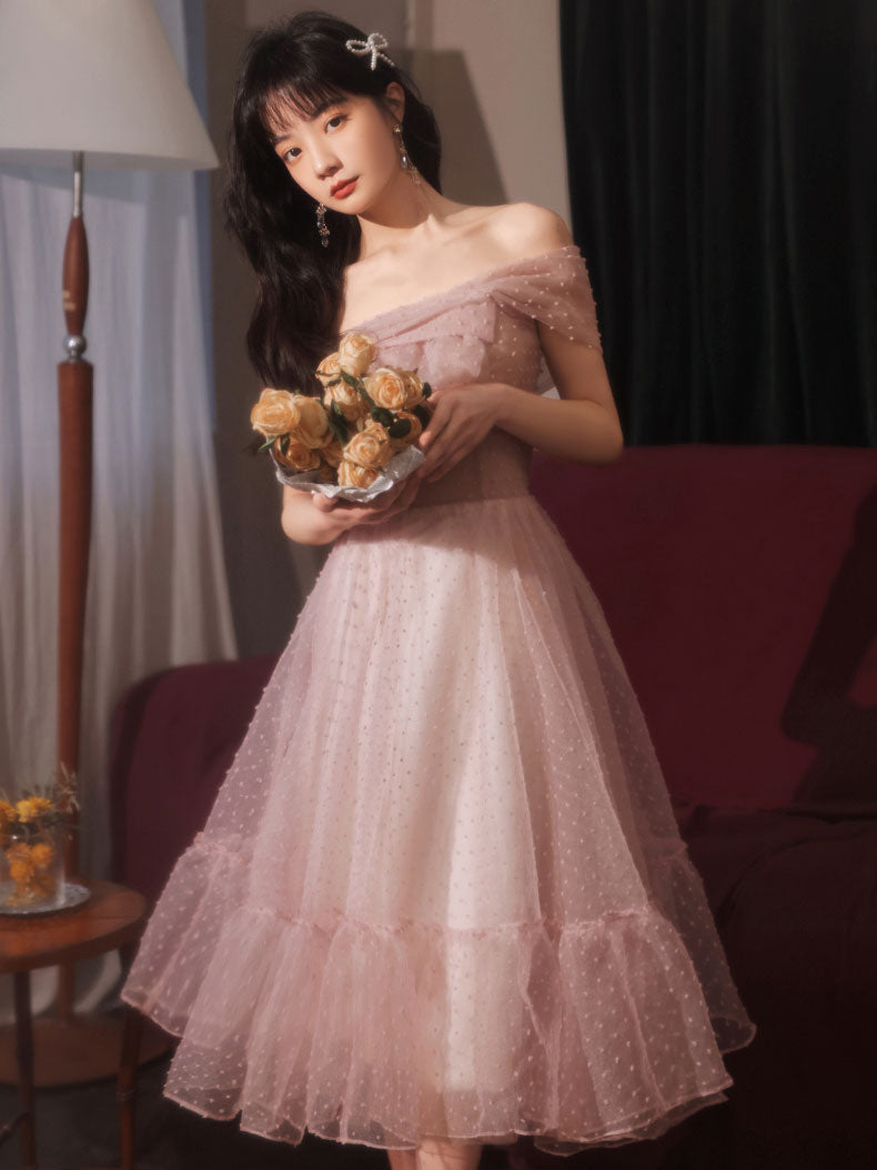Pink One Shoulder Short Prom Dress, Cute Puffy Pink Homecoming Dresses US 14 / Pink
