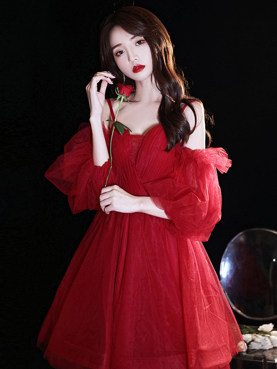 Red Sweetheart Neck Tulle Short Prom Dress, Puffy Red Homecoming Dresses