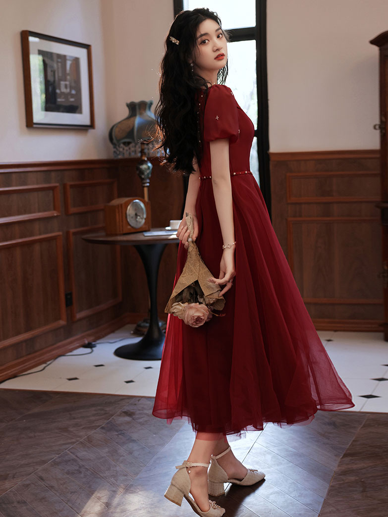 burgundy tea length dress Simple Prom Dress, Burgundy Graduation Dresses neckline and long sleeves