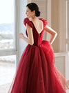 Burgundy Aline Tea Length Prom Dresses, Burgundy Formal Dress With Velvet