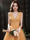 Yellow V Neck Tulle Tea Length Prom Dress, Yellow Homecoming Dresses
