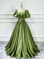 A line Satin Long Green Prom Dresses, Green Formal Evening Graduation Dresses