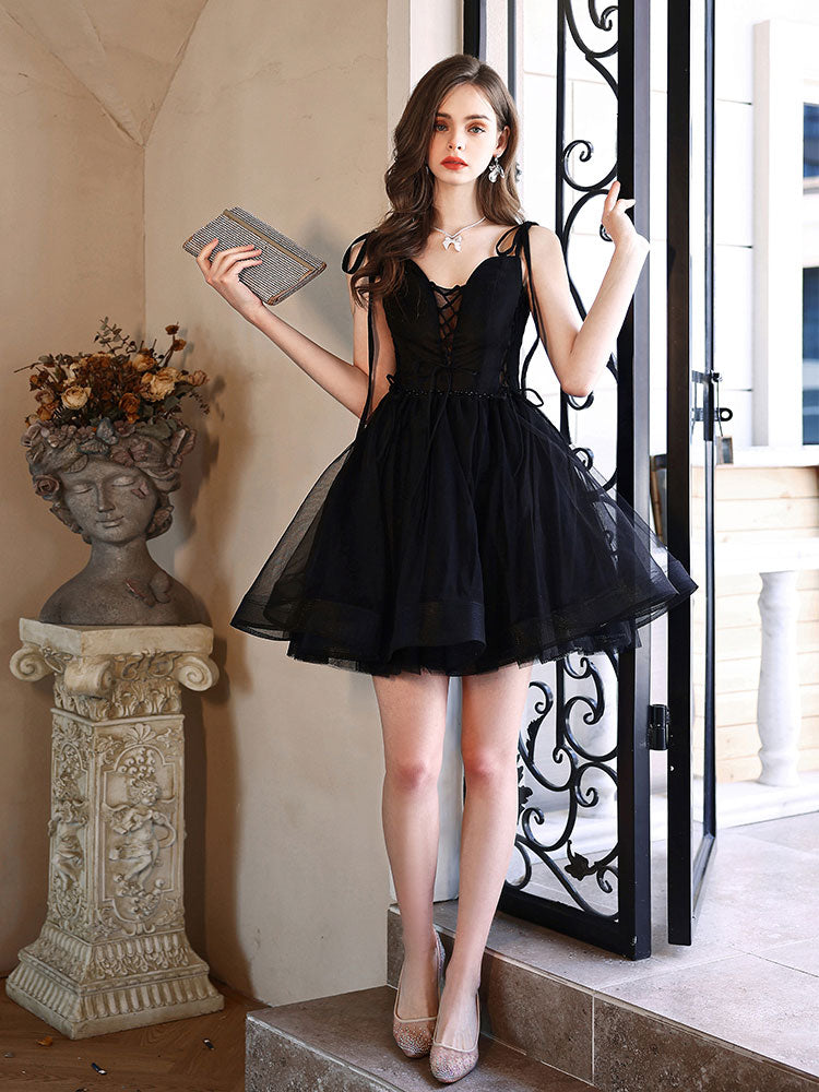 Cute V Neck Tulle Black Short Prom Dress, Black Homecoming Dresses