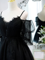 Black A line V Neck Lace Short/Mini Prom Dress, Black Puffy Homecoming Dresses