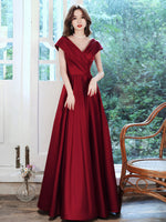 Simple V Neck Burgundy Long Prom Dress, Burgundy A-line Formal Dresses