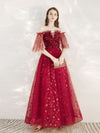A-Line Burgundy Tulle Long Prom Dress