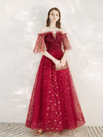 A-Line Burgundy Tulle Long Prom Dress