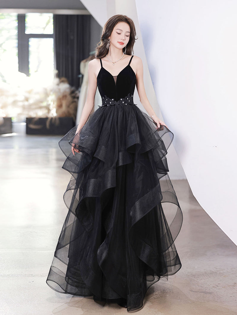 Black V Neck Tulle Long Prom Dresses, Black Formal Evening Dress