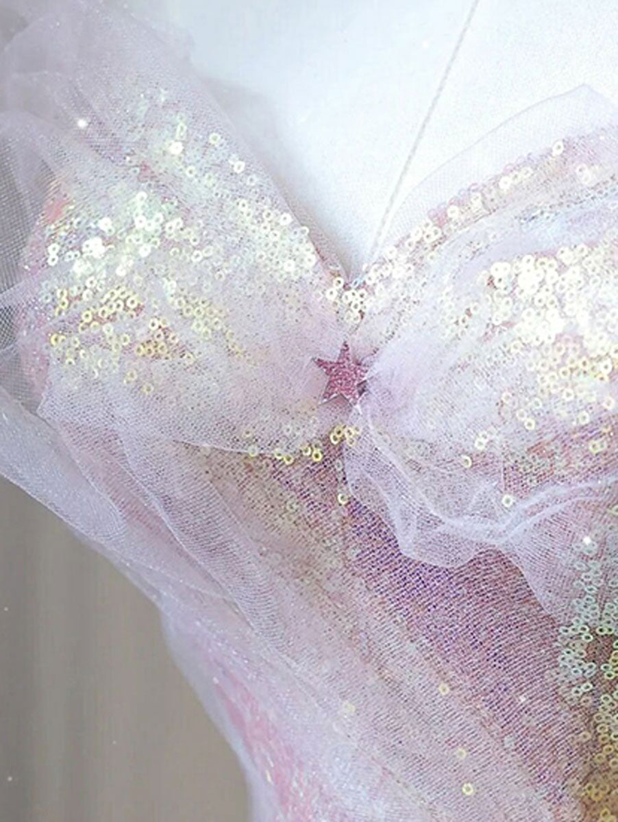 A-Line Sweetheart Neck Tulle Sequin Long Prom Dress Tulle Party Dress