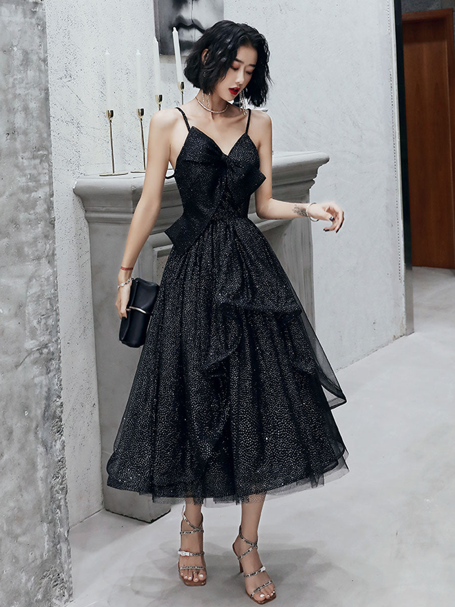 V Neck Tulle Sequin Short Black Prom Dresses, Black Tulle Homecoming Dresses US 6 / Black