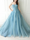 Blue Sweetheart Neck Tulle Lace Long Prom Dress, Blue Tulle Formal Dress